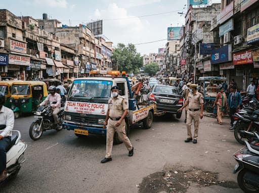 Indian traffic police or municipal tow truck towing away an illegally parked car in a busy Indian city street