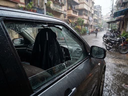 Close-up of a car with a window left cracked open parked outside during sudden monsoon rain shower in an Indian residential neighborhood