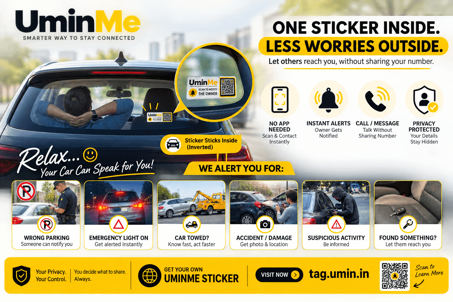 UminMe automotive QR sticker on vehicle windshield glass